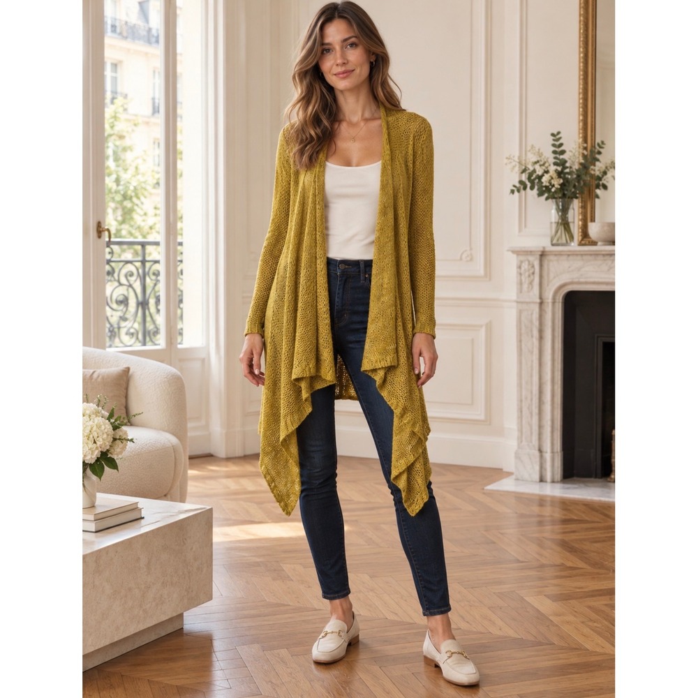 BCBGMAXAZRIA Mustard Yellow Open Knit Handkerchief Hem Cardigan Small Med Boho